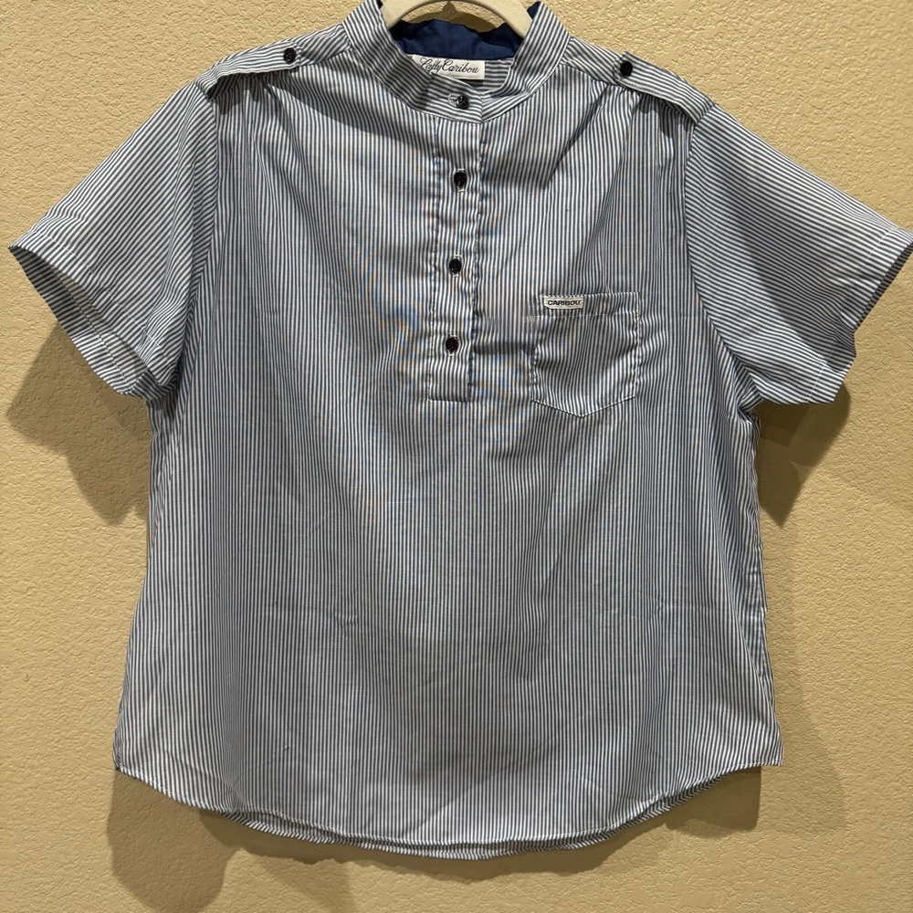 Vintage Lady Caribou Pinstripe Band Collar Pullover Blouse USA Size 38